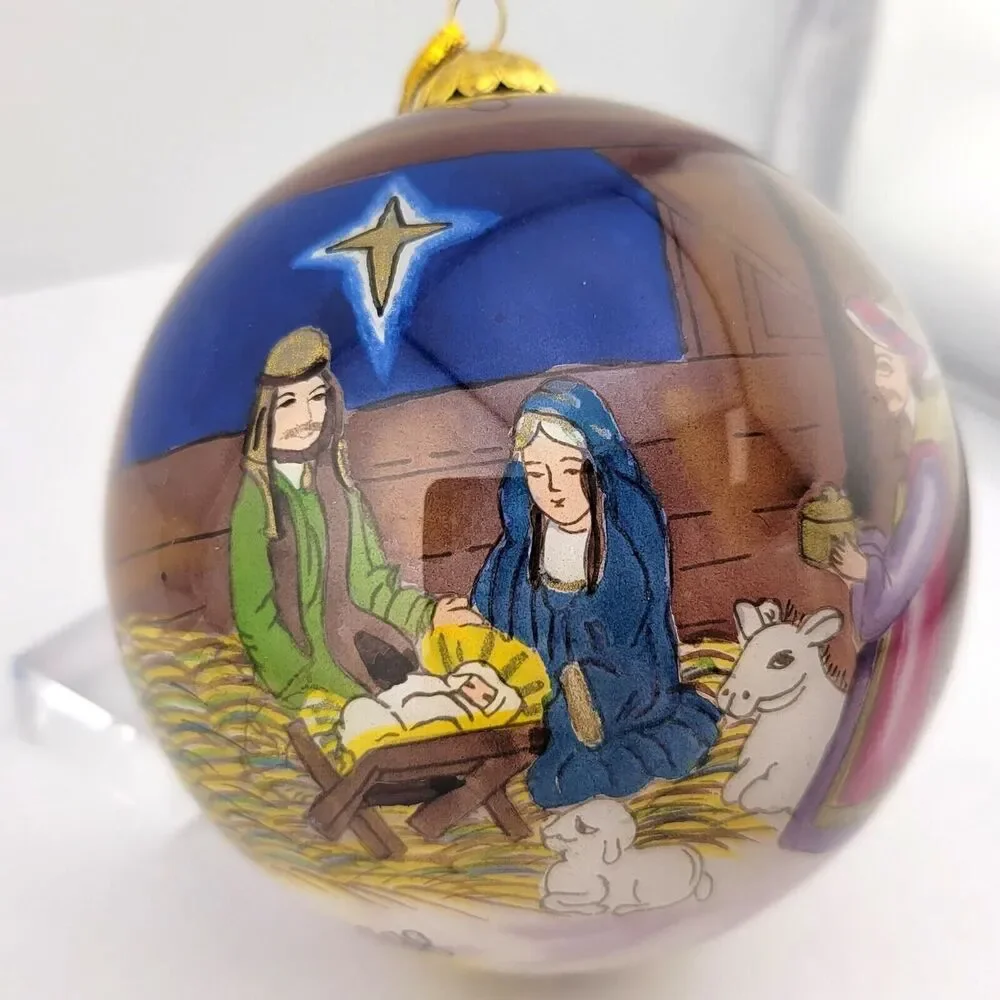 1998 Reverse Hand Painted Jesus Manger Joseph Mary Nativity Christmas Ornament